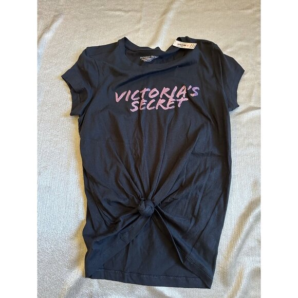 NEW Victoria Secret T-Shirt Top‎ Glitter Graphic Short Sleeve Black Sz Small Y2K - Picture 1 of 7